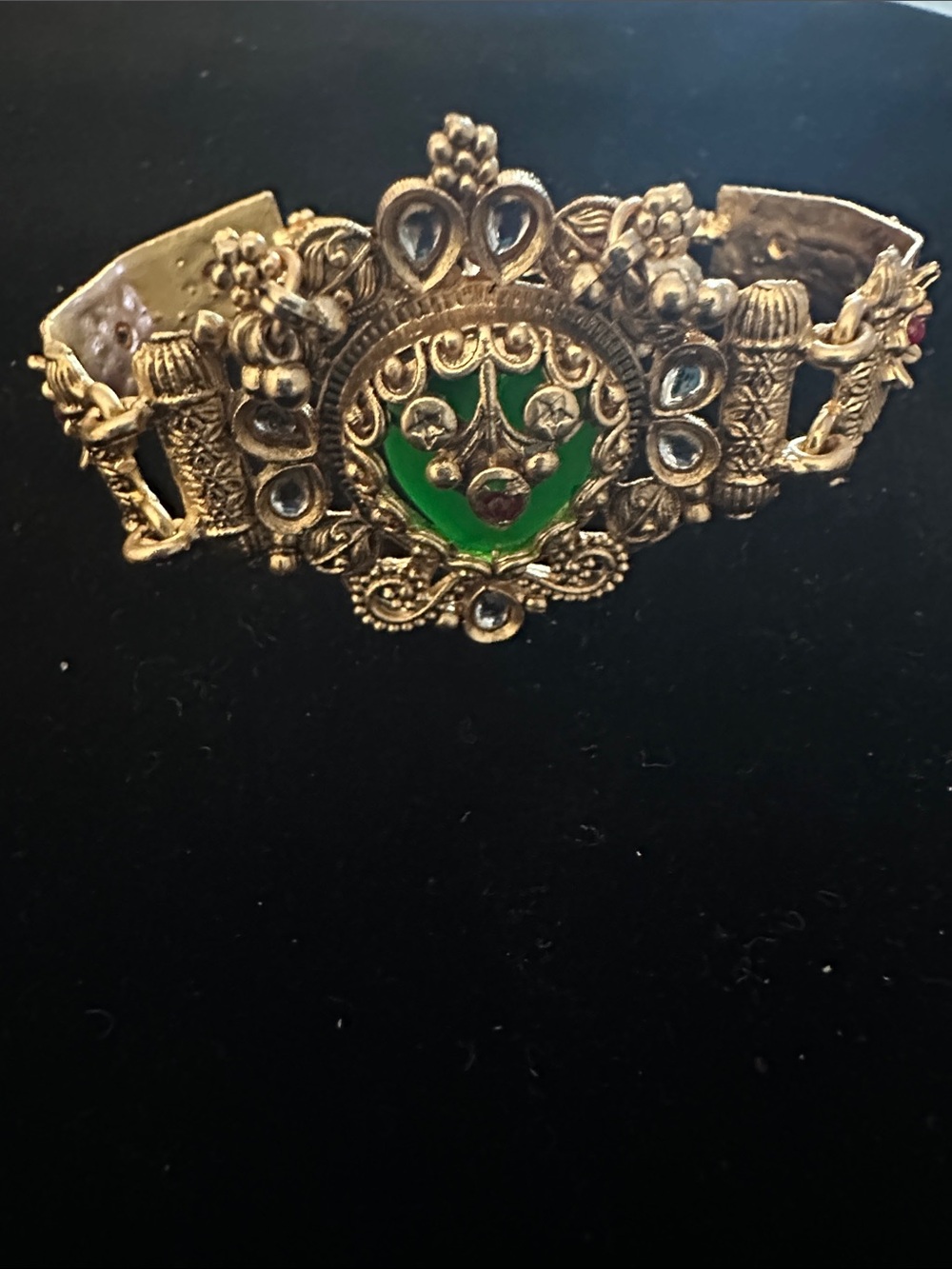 Gold-Tone Vintage Style Bracelet with Green Enamel Center
